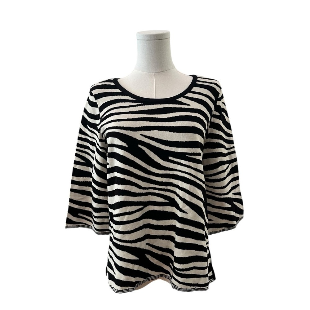Chico's Women's Medium Black White Zebra Print Stretch Boxy Work Casual Blouse